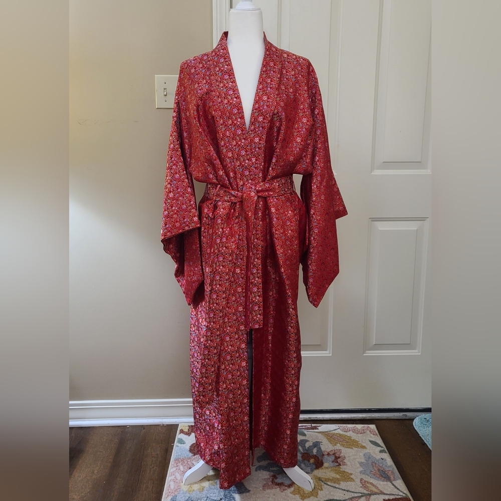 Red Floral Satin Kimono Robe with Belt
